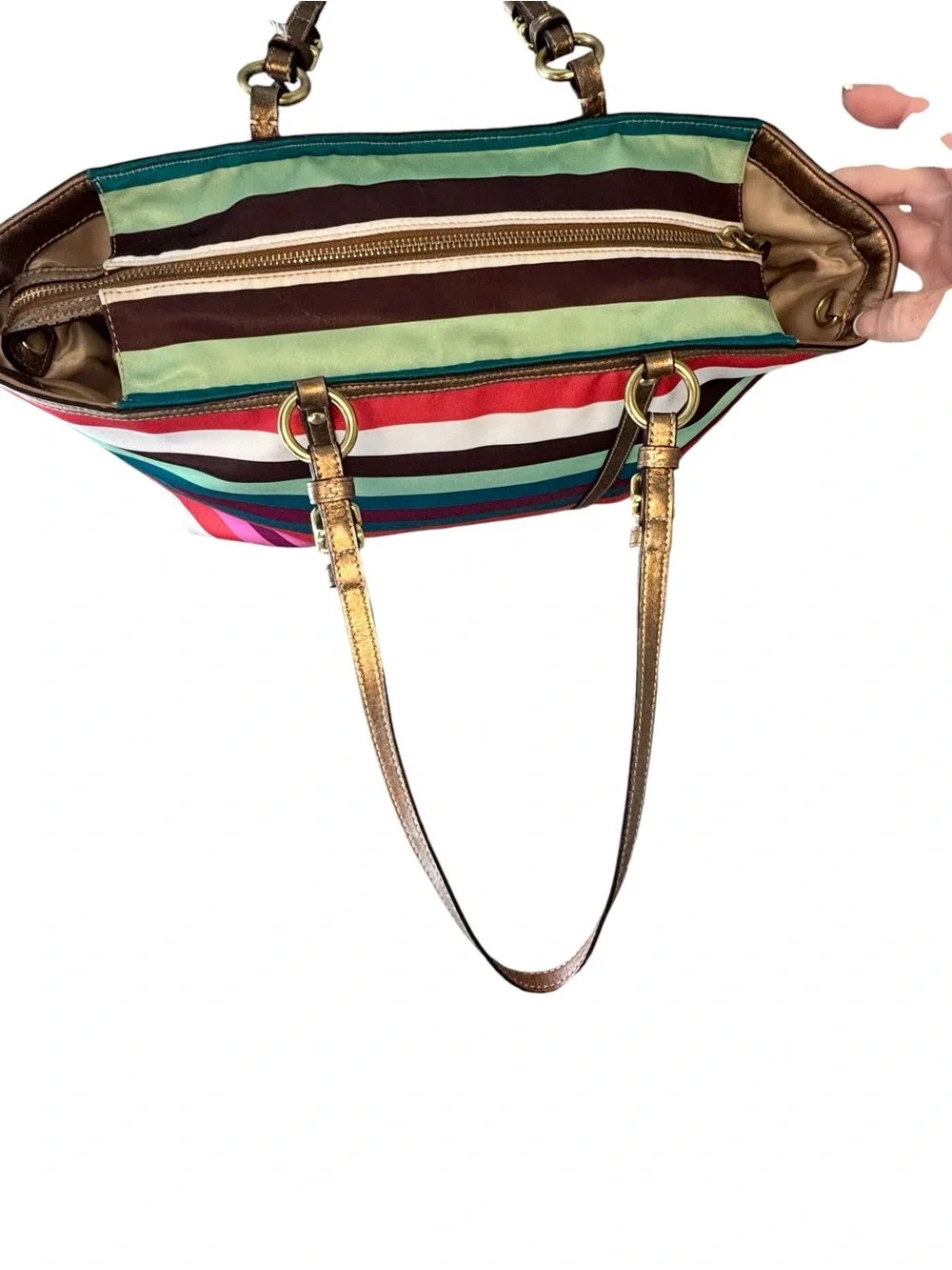 COACH Legacy Stripe Large Satin Tote Bronze Leather Trim Style 14010